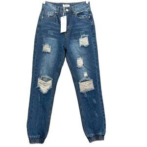 NWT NUHEEL Women's Ripped Blue Ankle Denim Jeans Size 6 High-Rise‎ Elastic Cuff